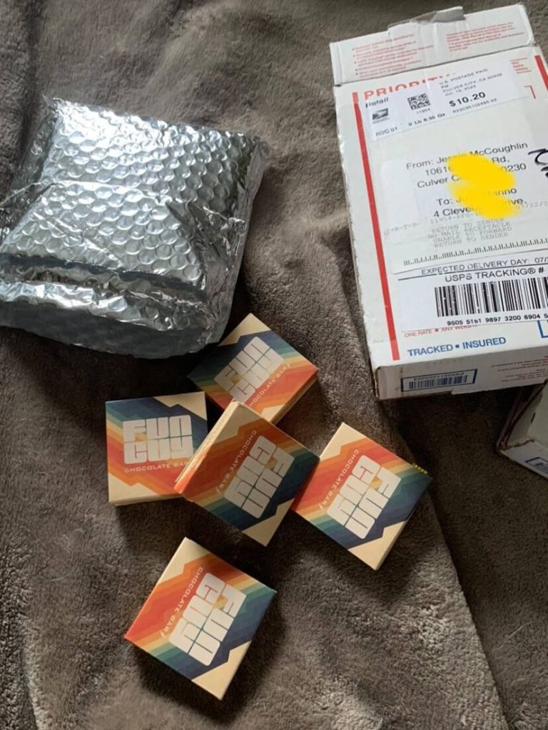 A FunGuy Mushroom Chocolate bar with a description of its health benefits